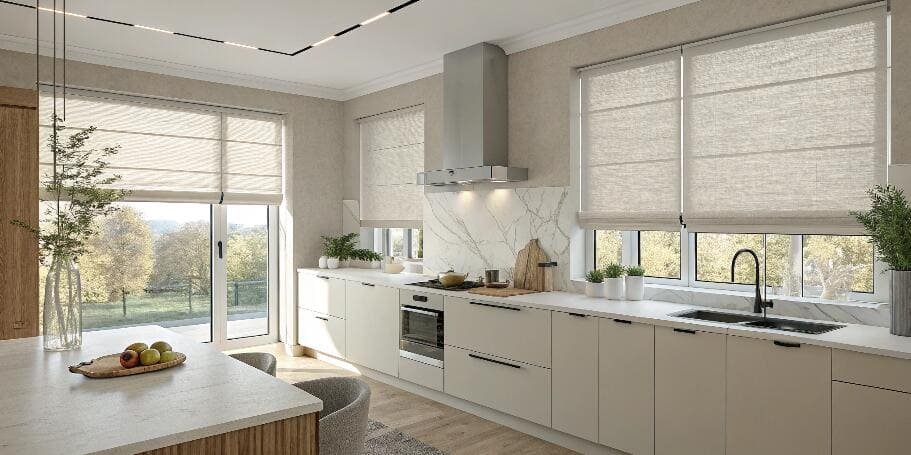 Bright modern kitchen with light-filtering roller shades