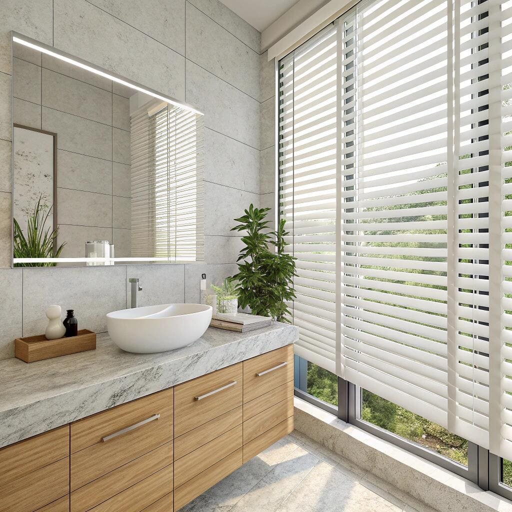 Modern bathroom with white horizontal blinds