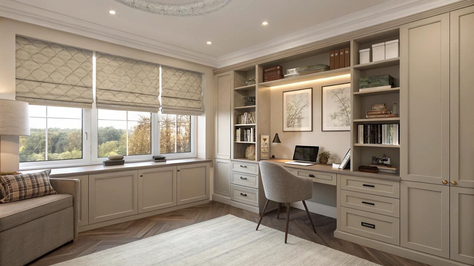 Classic home office with quilted roman blinds