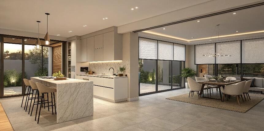 Open kitchen and dining with smart roller blinds