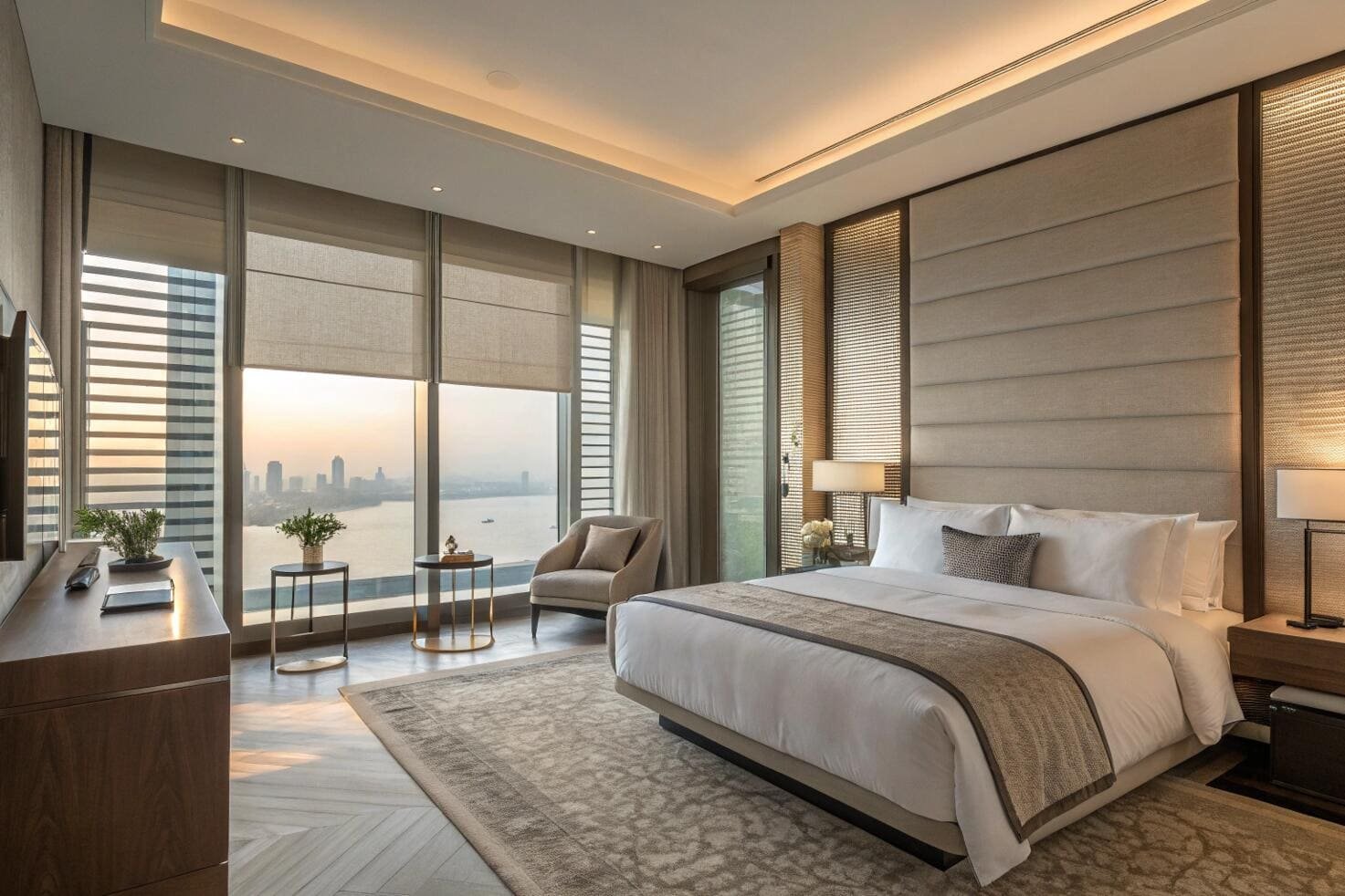 Luxury suite bedroom with roman blinds and river view