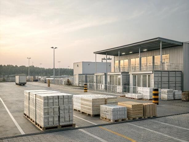 Industrial yard with high bay windows and exterior blinds