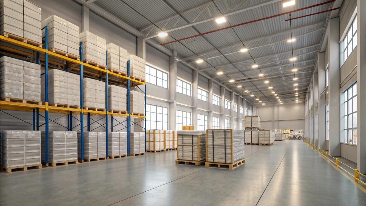 Logistics warehouse with tall windows and pallet racks