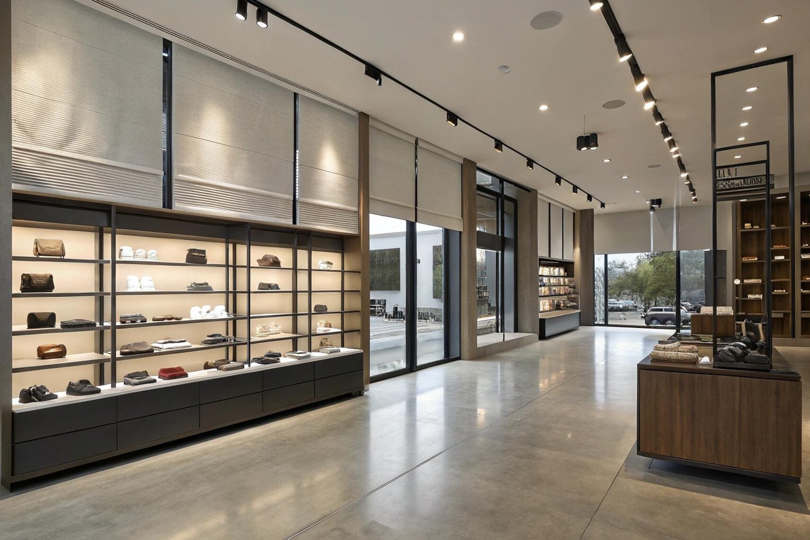 Retail fashion store with motorized roller blinds