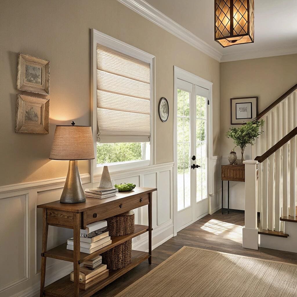 Entryway with pleated shades and natural wood decor