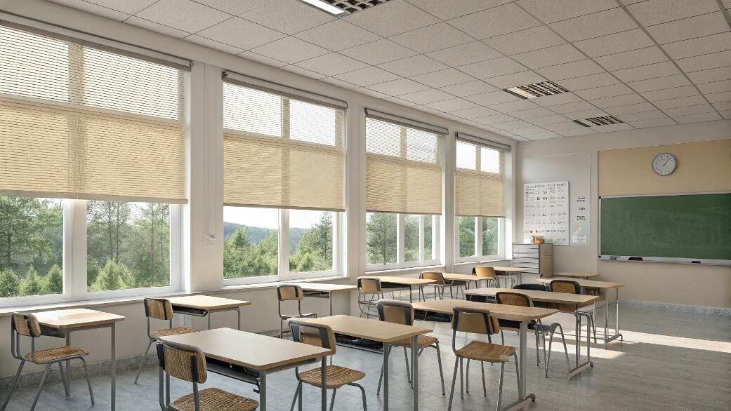 Bright classroom with light-filtering cellular shades