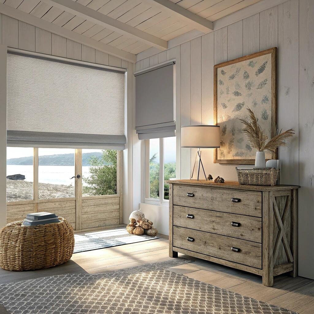Coastal bedroom with grey roller roman shades
