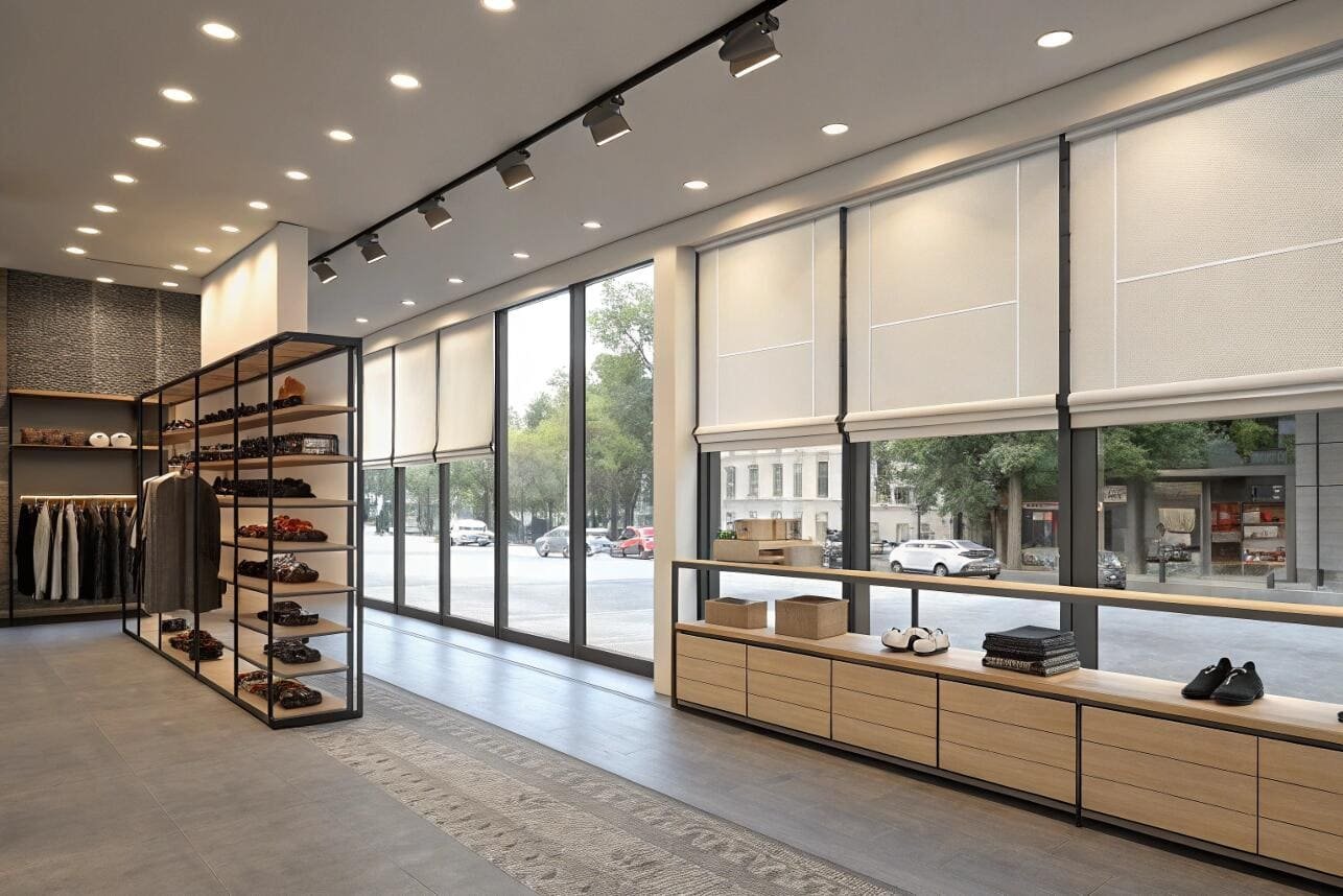 Fashion shoe store with full window roller blinds and street view