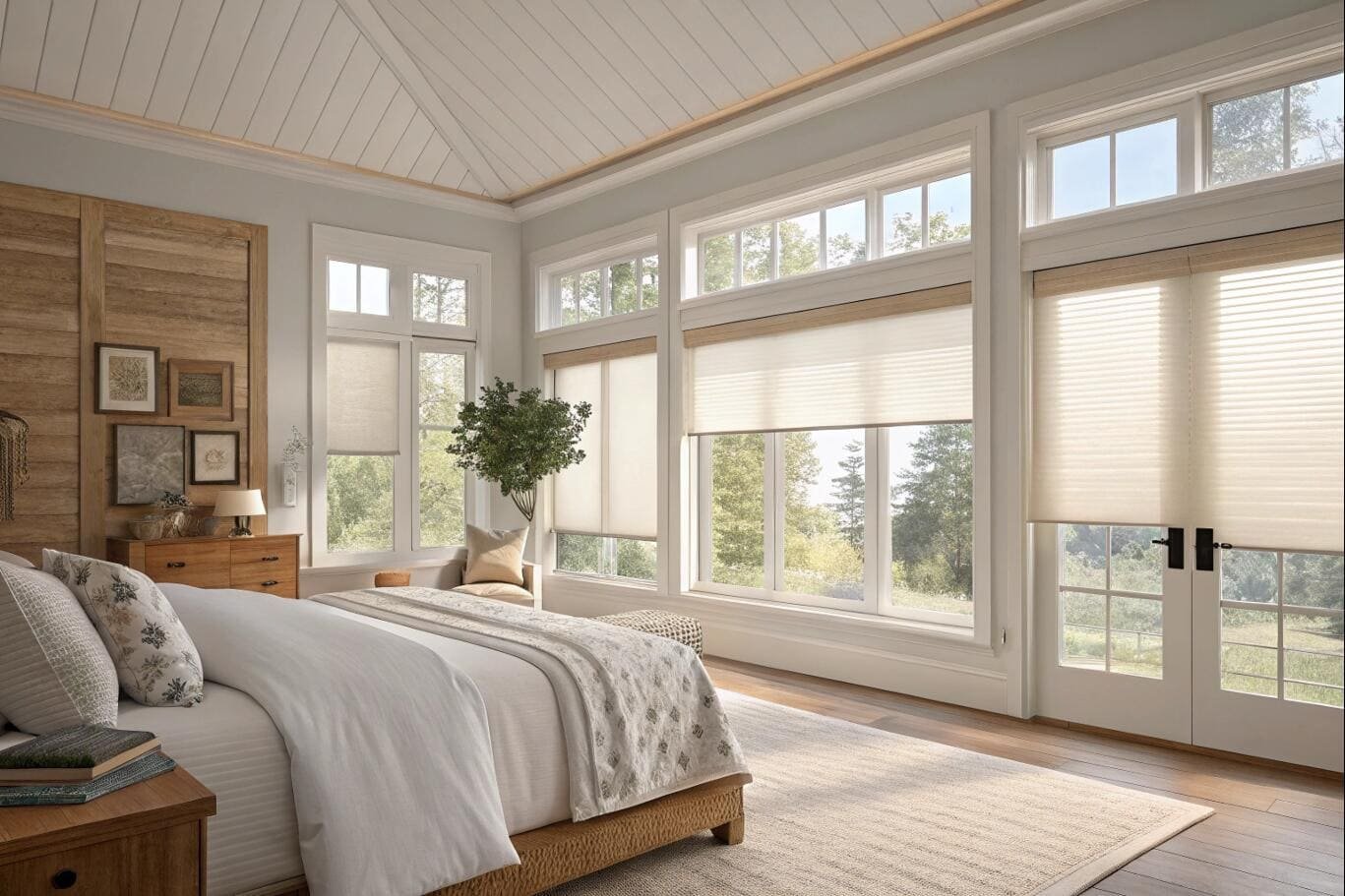 Bright bedroom featuring cellular shades on large windows