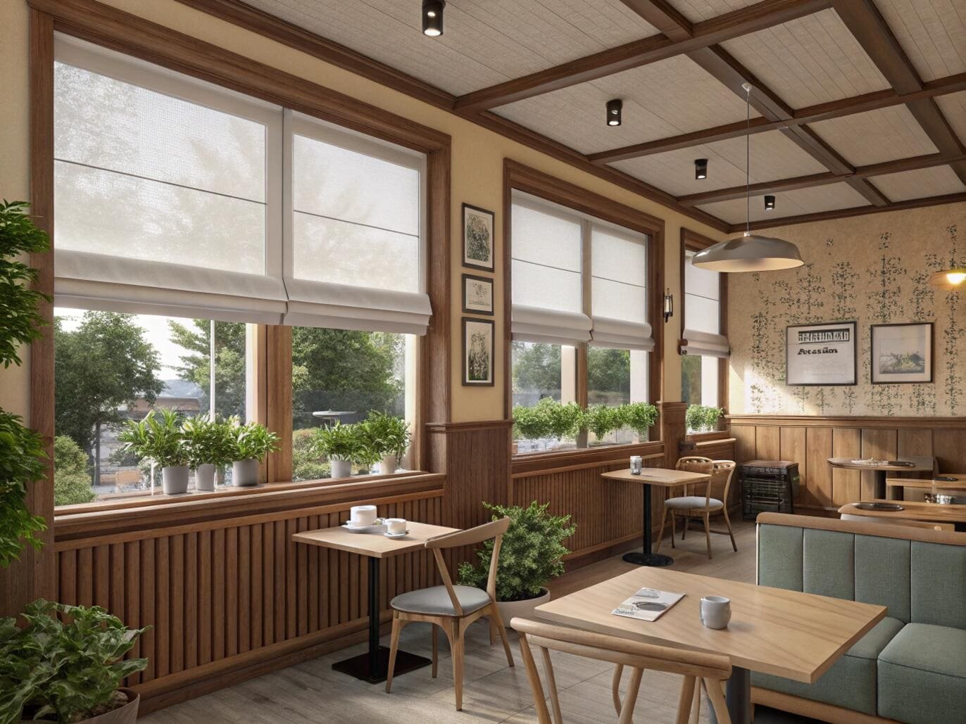 Cozy restaurant with custom roman shades on large windows
