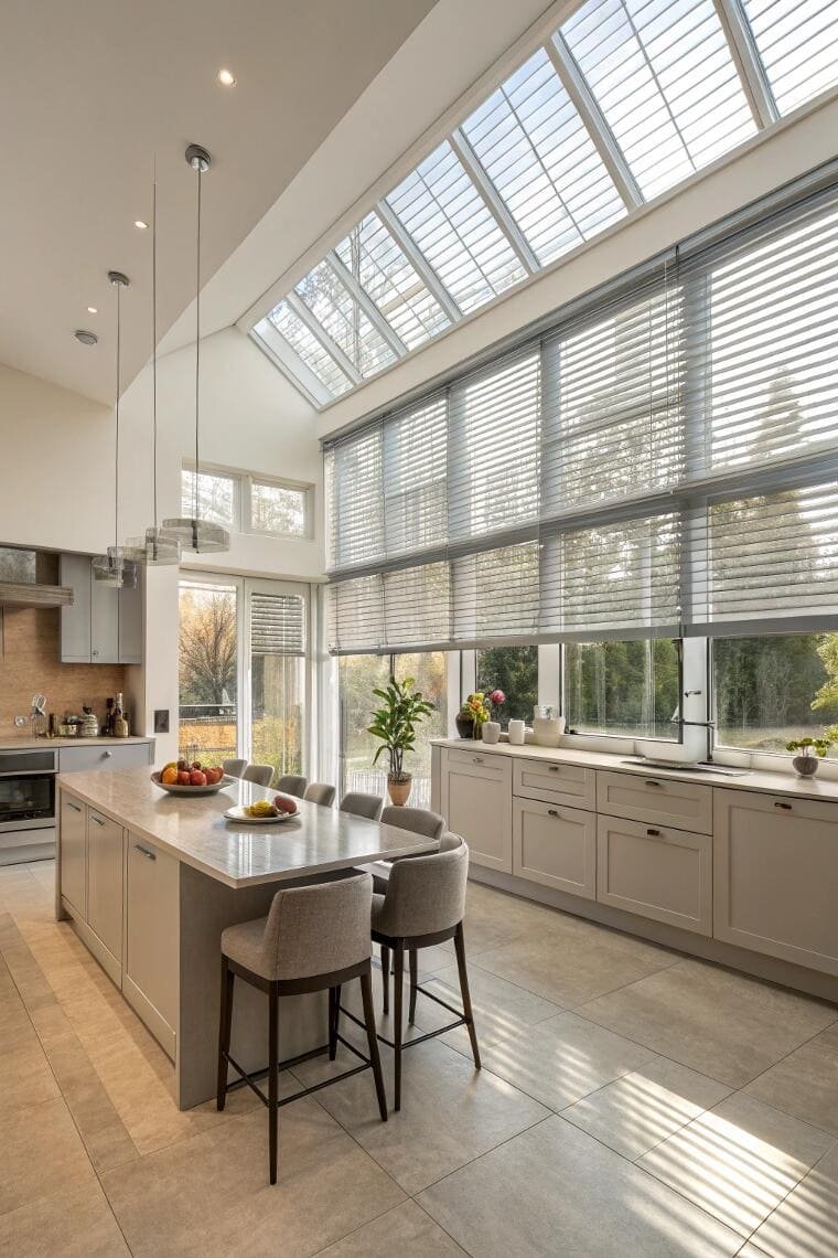 Contemporary kitchen with extensive grey horizontal blinds on tall windows