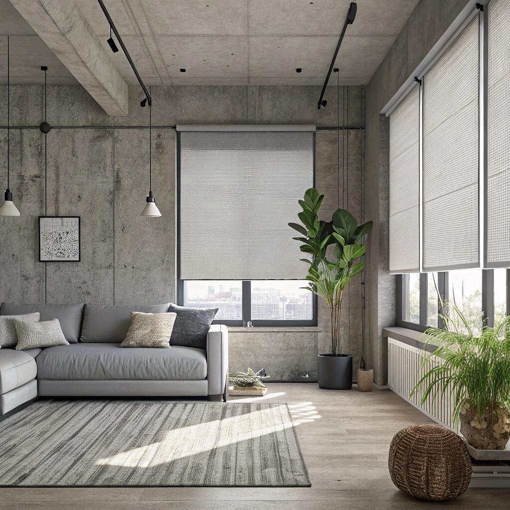 Loft living room with grey roller shades