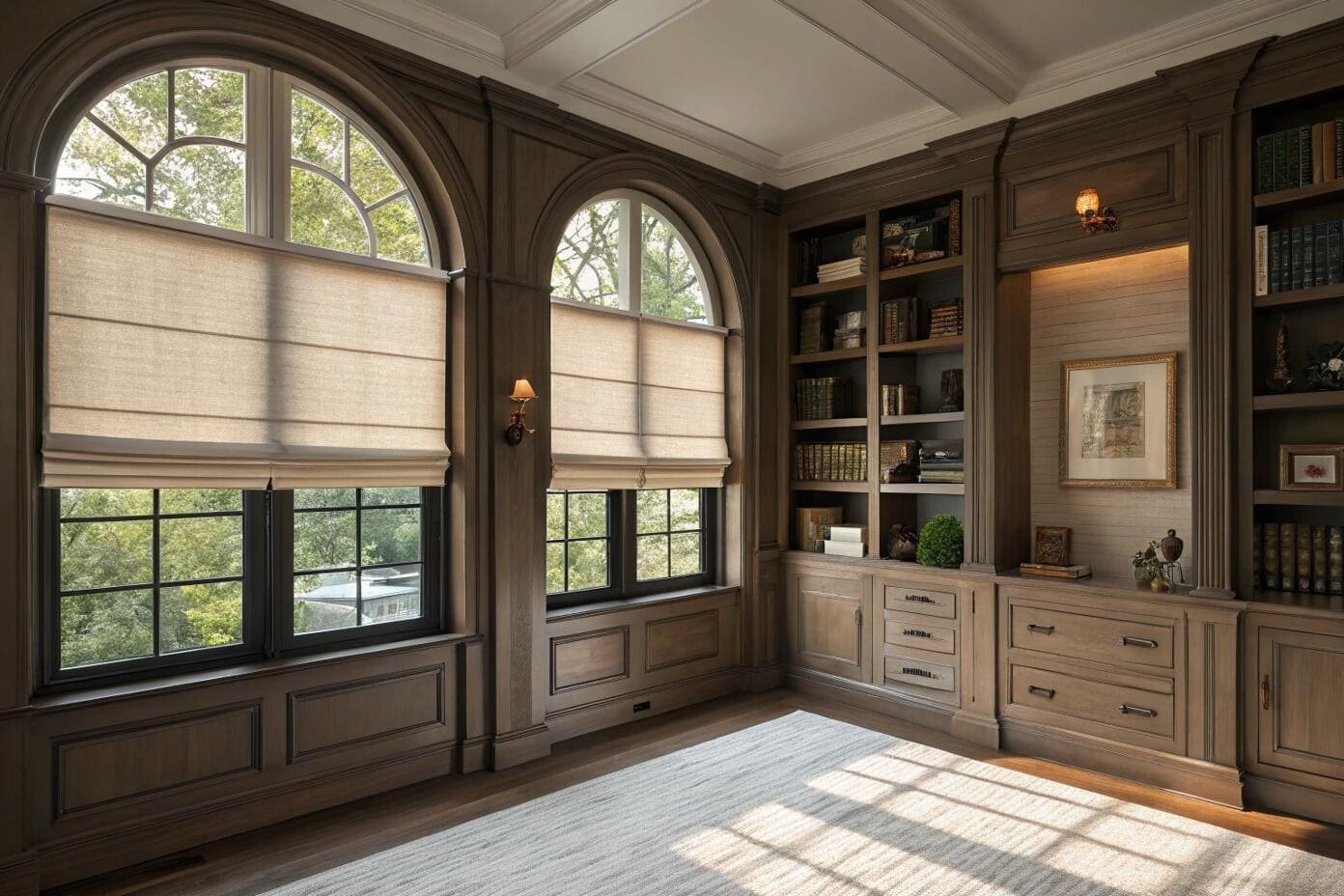 Grand library with arched windows and light roman shades