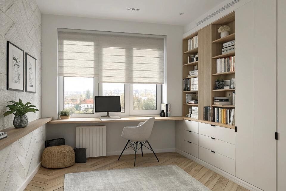 Minimalist home office with a desk, bookshelf, and a light roman shade