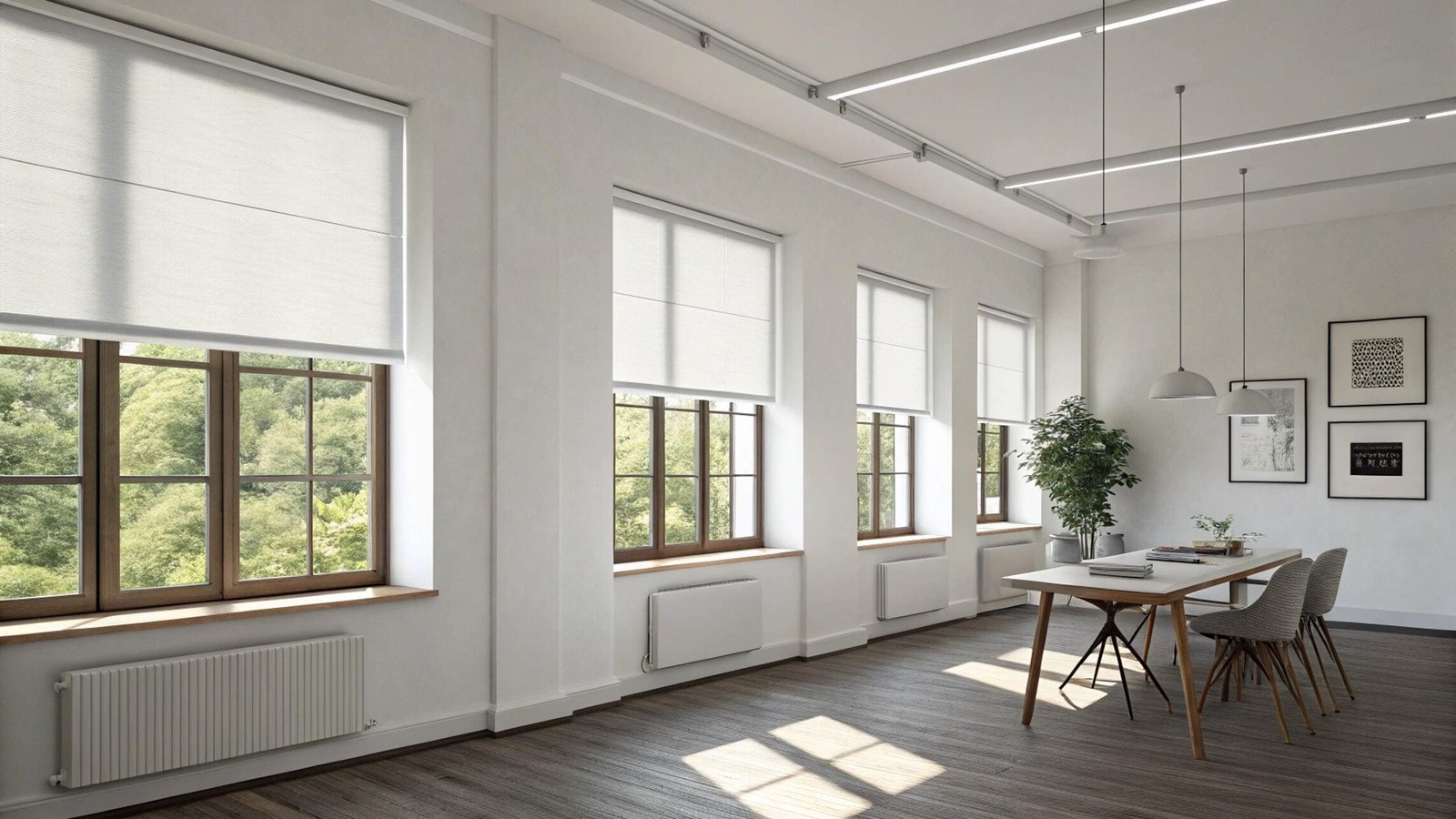 Bright minimalist room with large windows and clean white roman shades