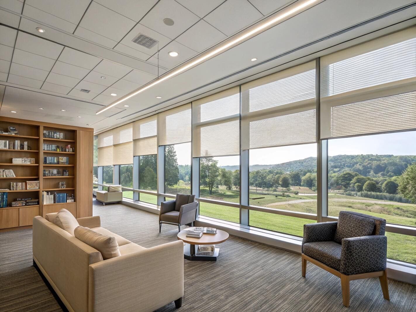 Spacious lounge with panoramic views and light-filtering cellular shades