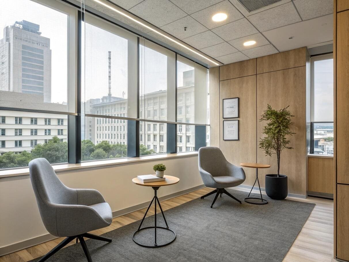 Office reception area with roller shades for glare control