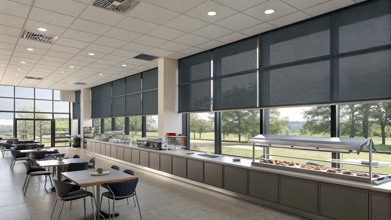 Cafeteria dining area with dark roller shades for glare reduction