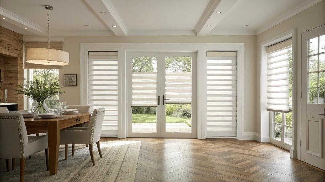 Open plan dining area with layered shades on large doors and windows