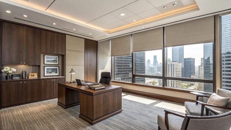 Executive office with pleated window shades offering city views.