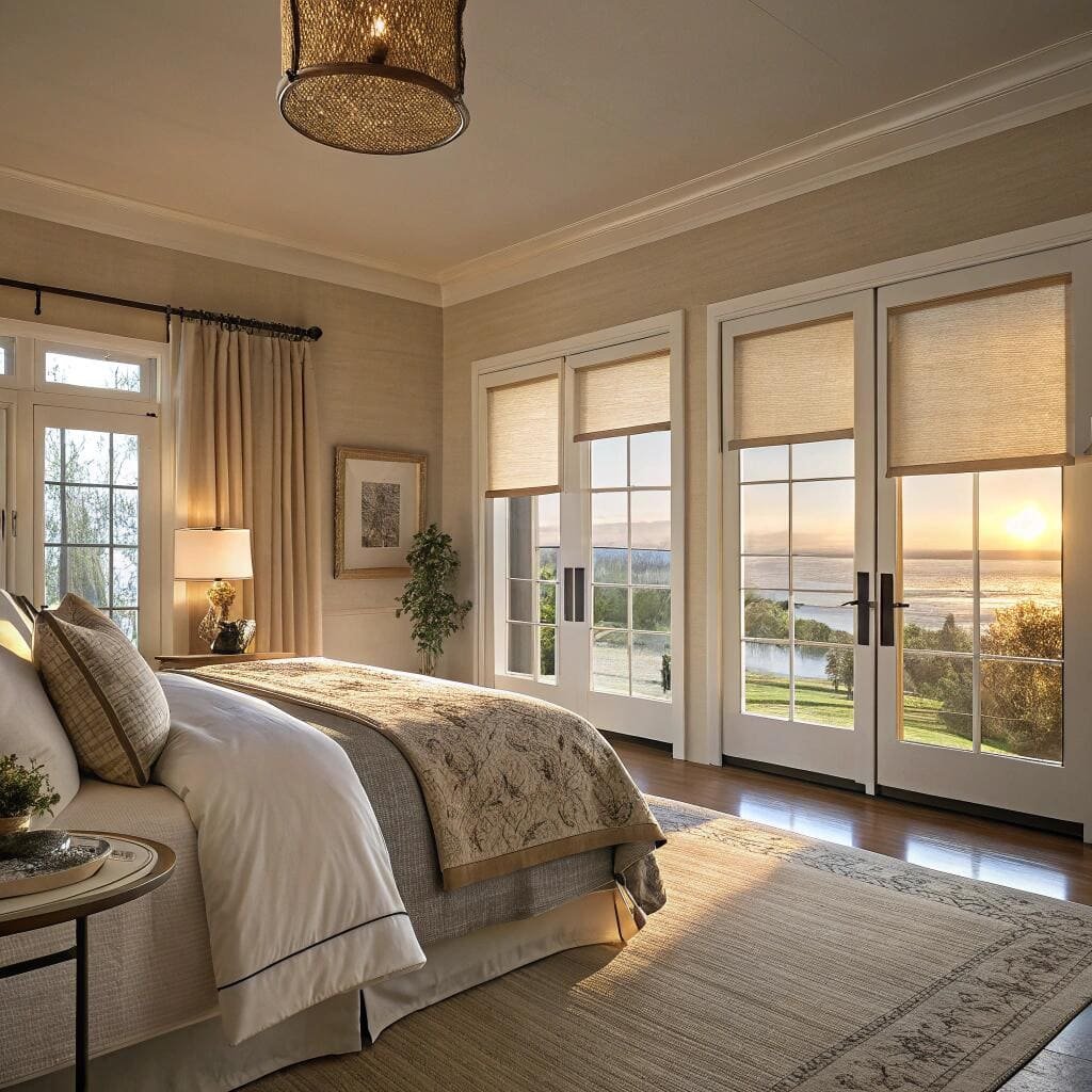 Elegant bedroom with beige roller window shades