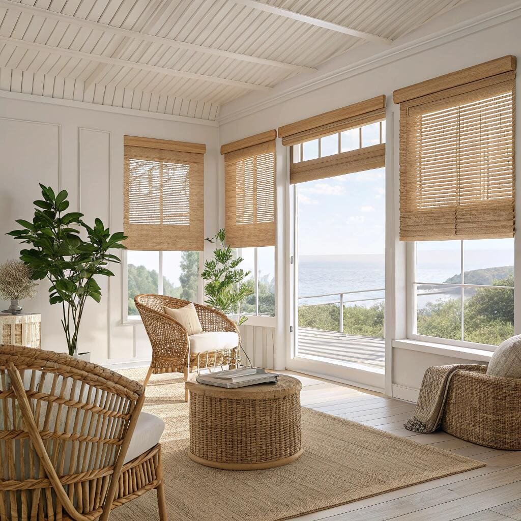 Coastal sunroom with natural woven blinds