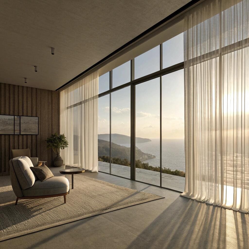 Panoramic view living room with sheer curtains