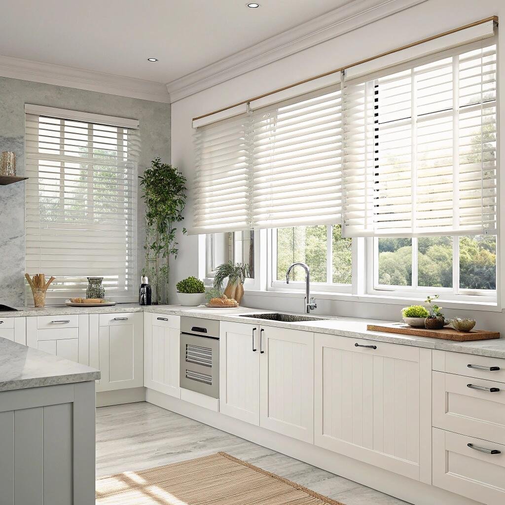 Spacious kitchen with white wood blinds and marble