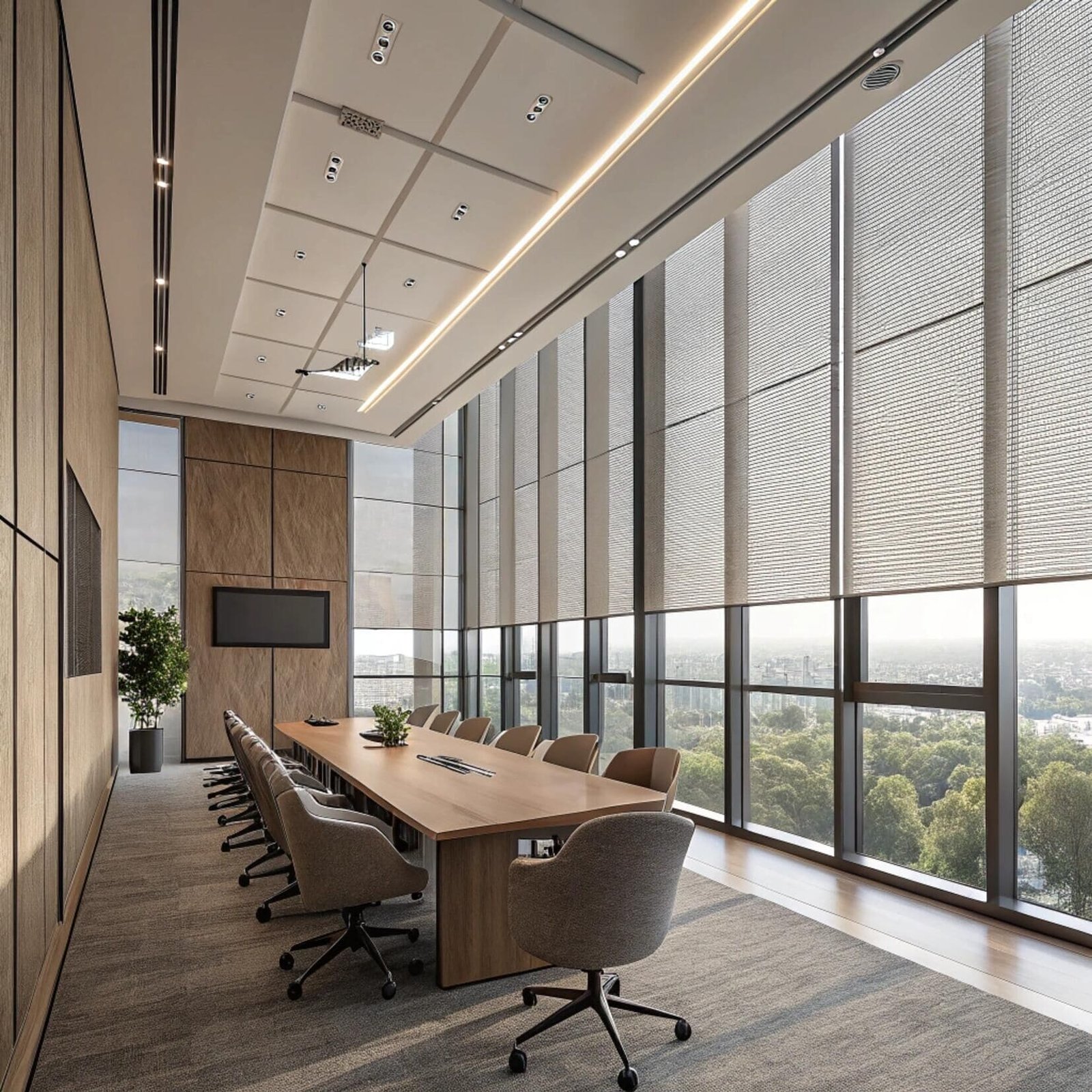 Executive conference room with smart roller blinds and skyline