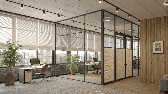 Modern open office area with pleated blinds