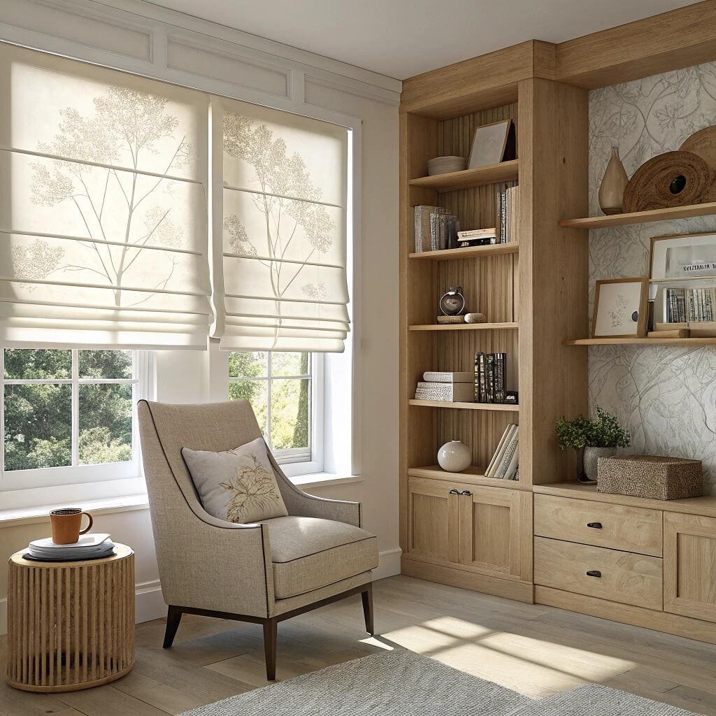 Reading nook with floral roman blinds and bookshelf