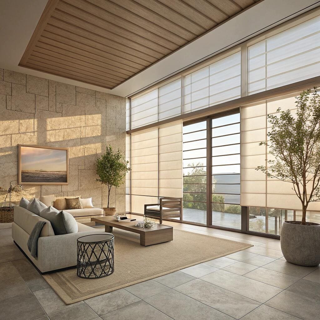 Spacious living room with floor-to-ceiling roman blinds