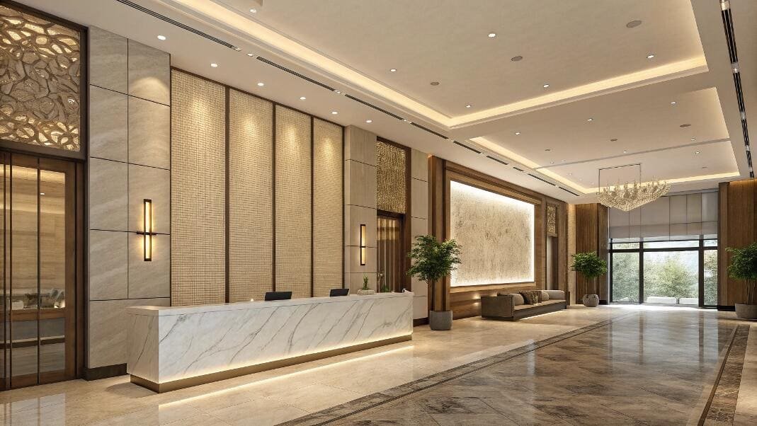 Luxury hotel lobby with decorative window shades