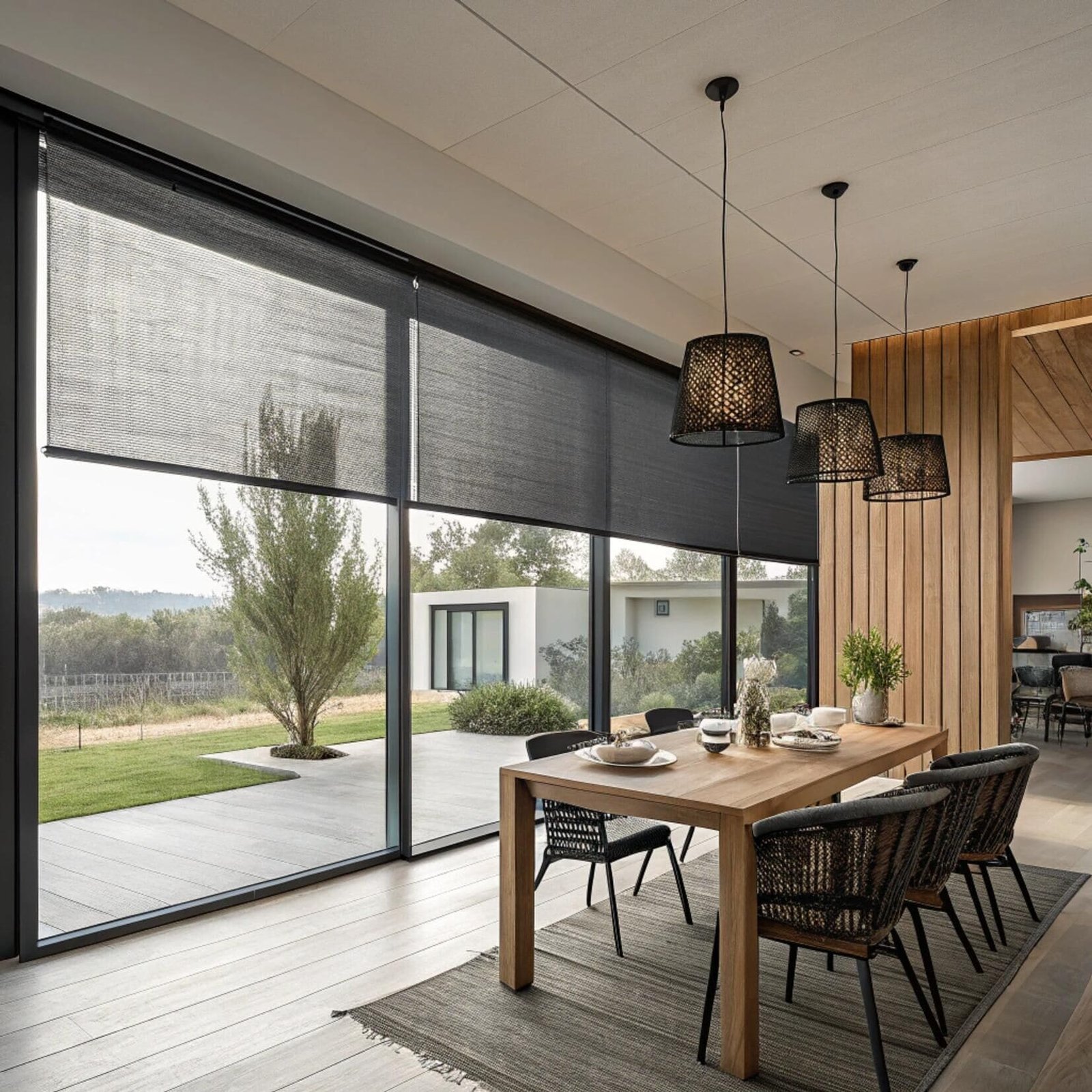 Dining room with black mesh solar roller shades and patio view