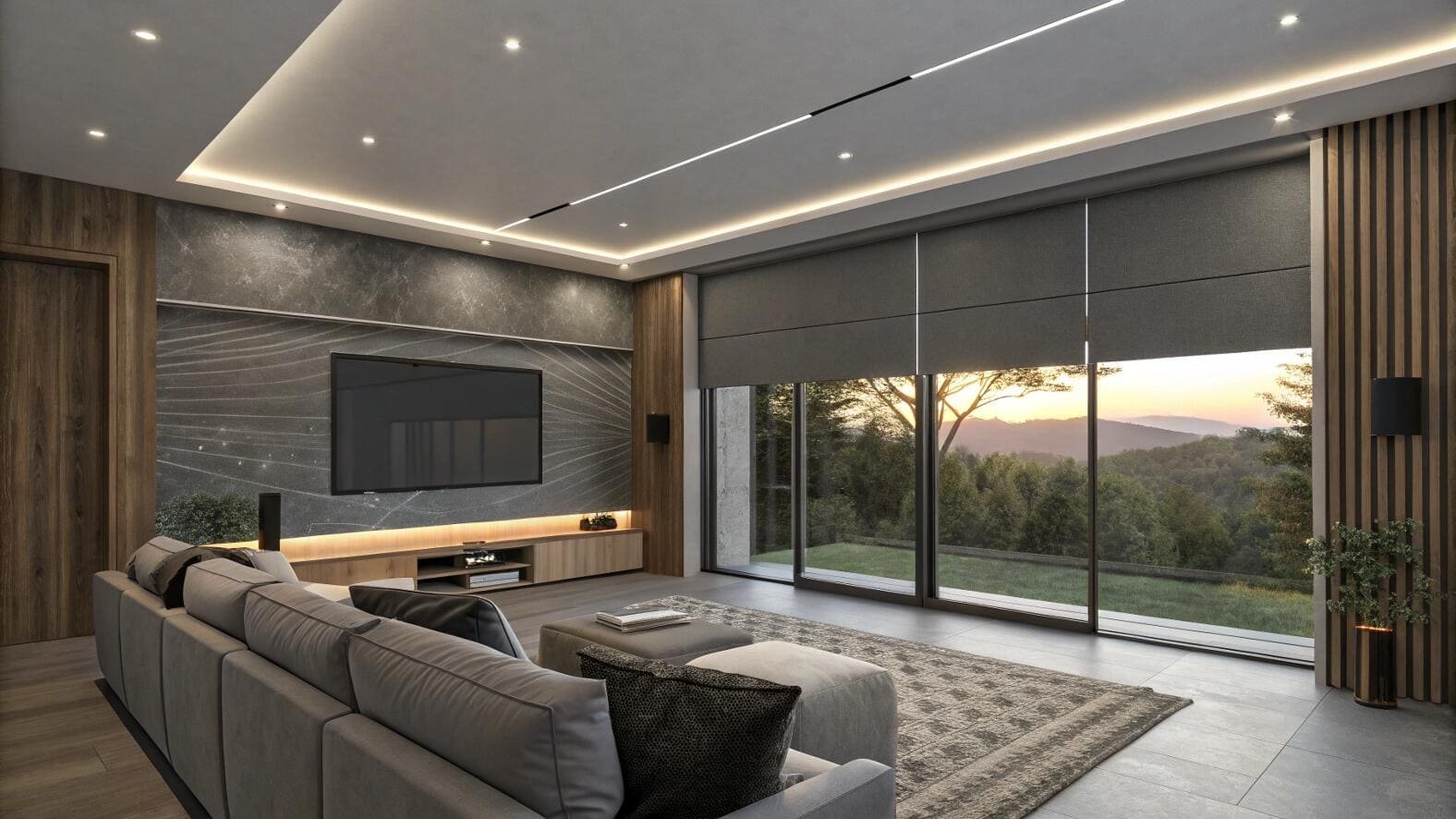 Minimalist living room with motorized blackout blinds