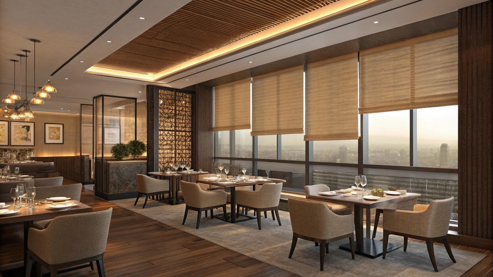 Fine dining space with designer roller shades