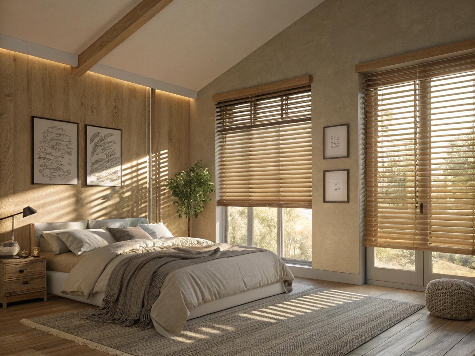 Cozy bedroom with wood blinds and natural decor