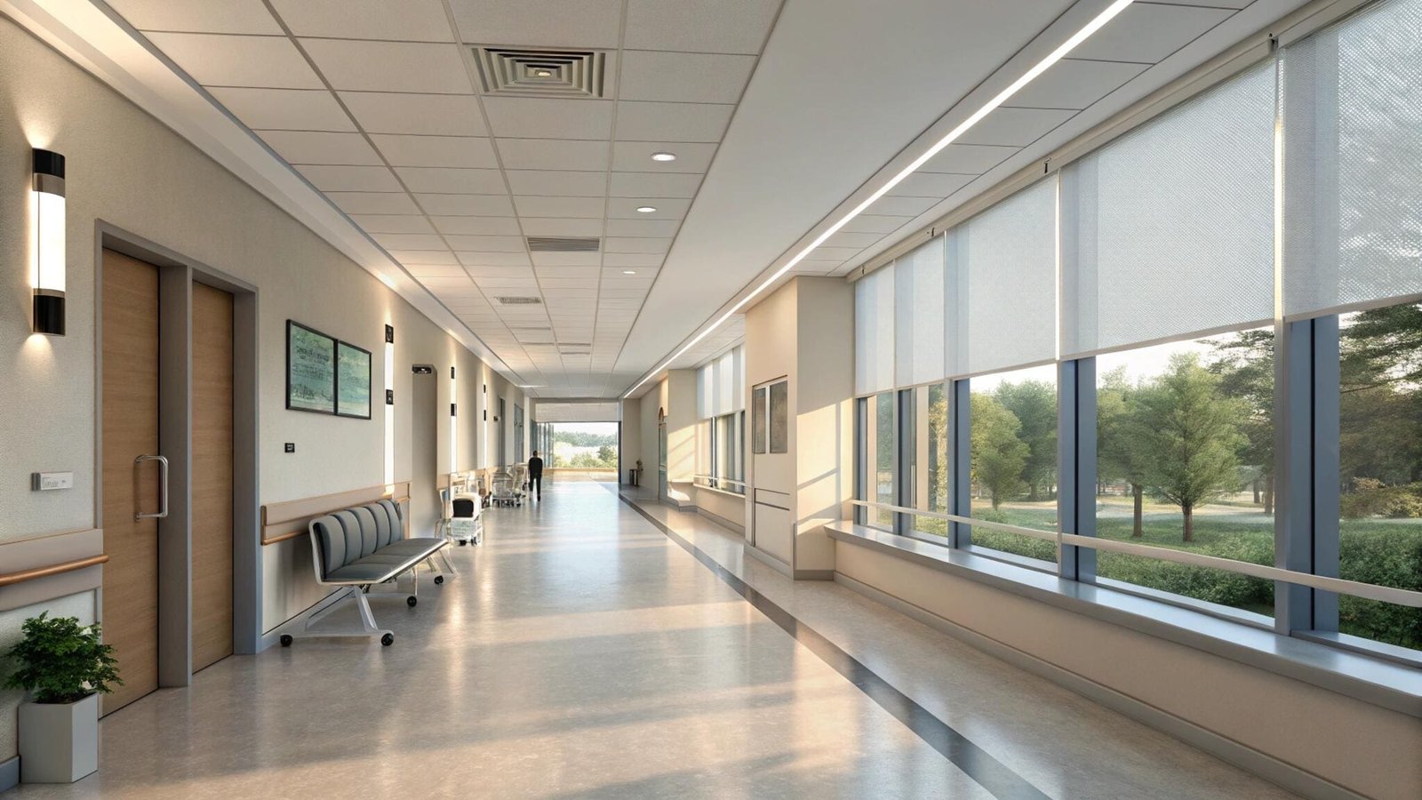 Hospital corridor with solar screen roller blinds