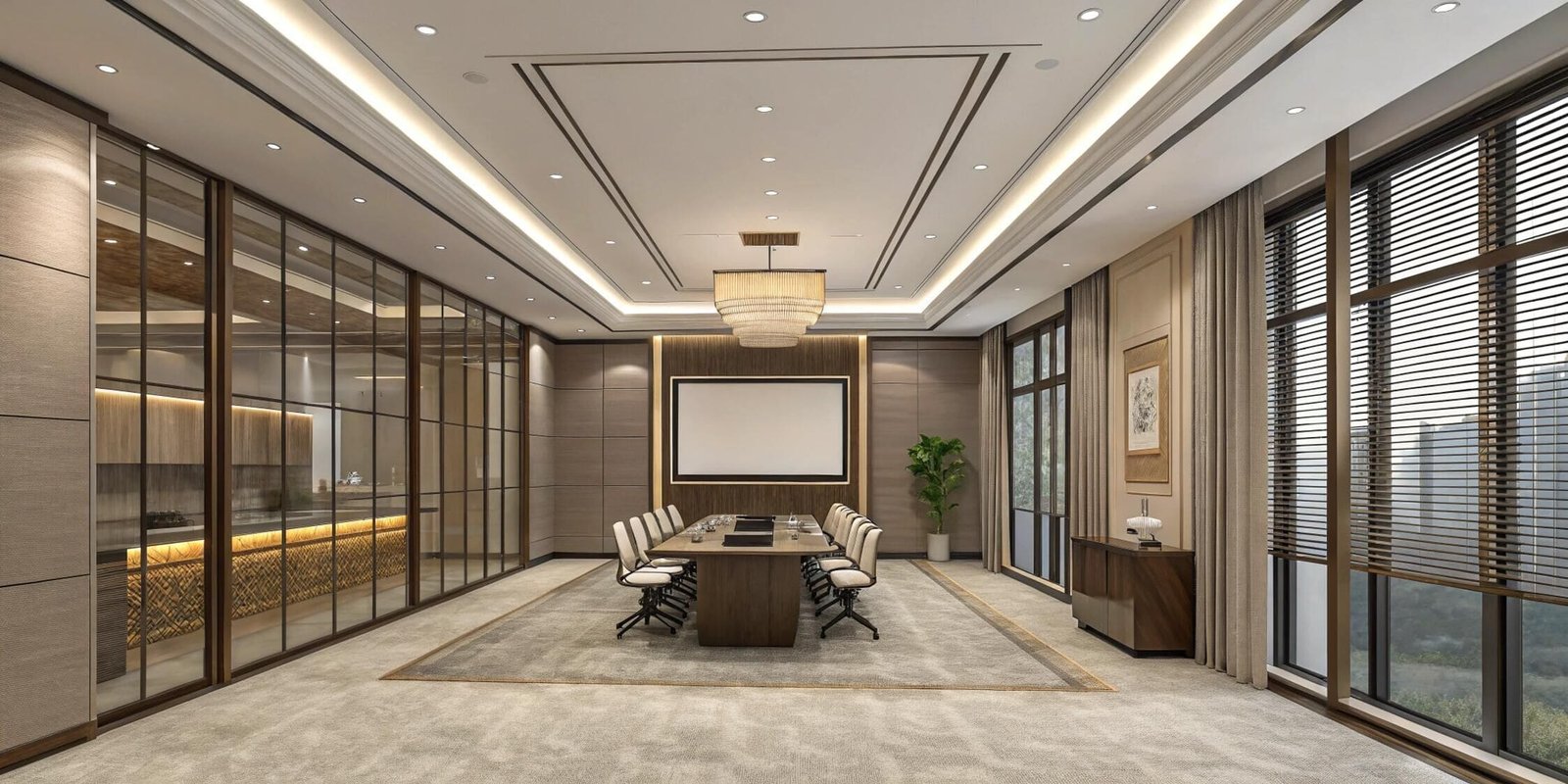 Spacious conference room with wood venetian blinds