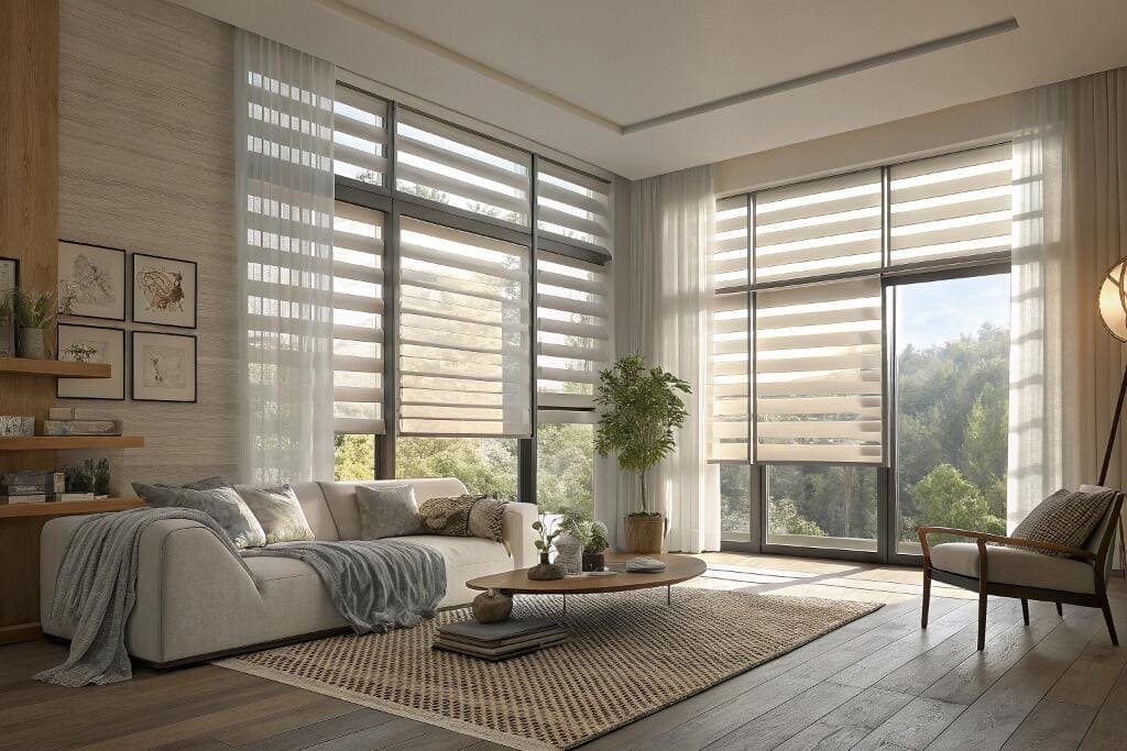 Bright living space with sheer zebra blinds