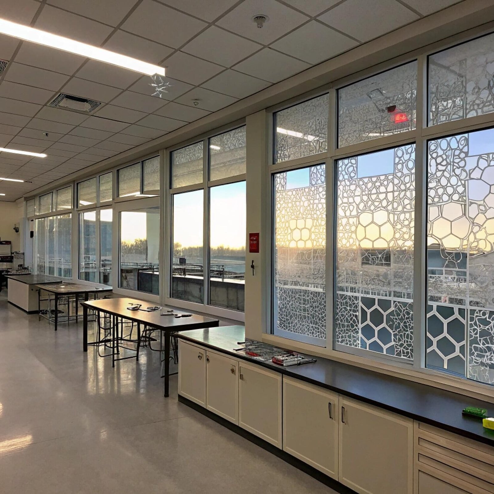 Science classroom with patterned window films and large windows