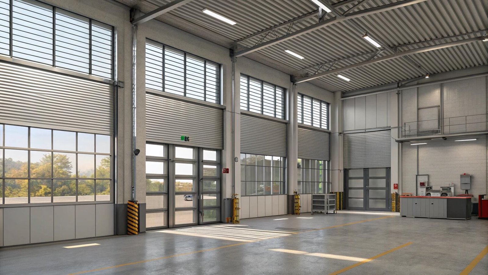 Warehouse interior with industrial roller shutters
