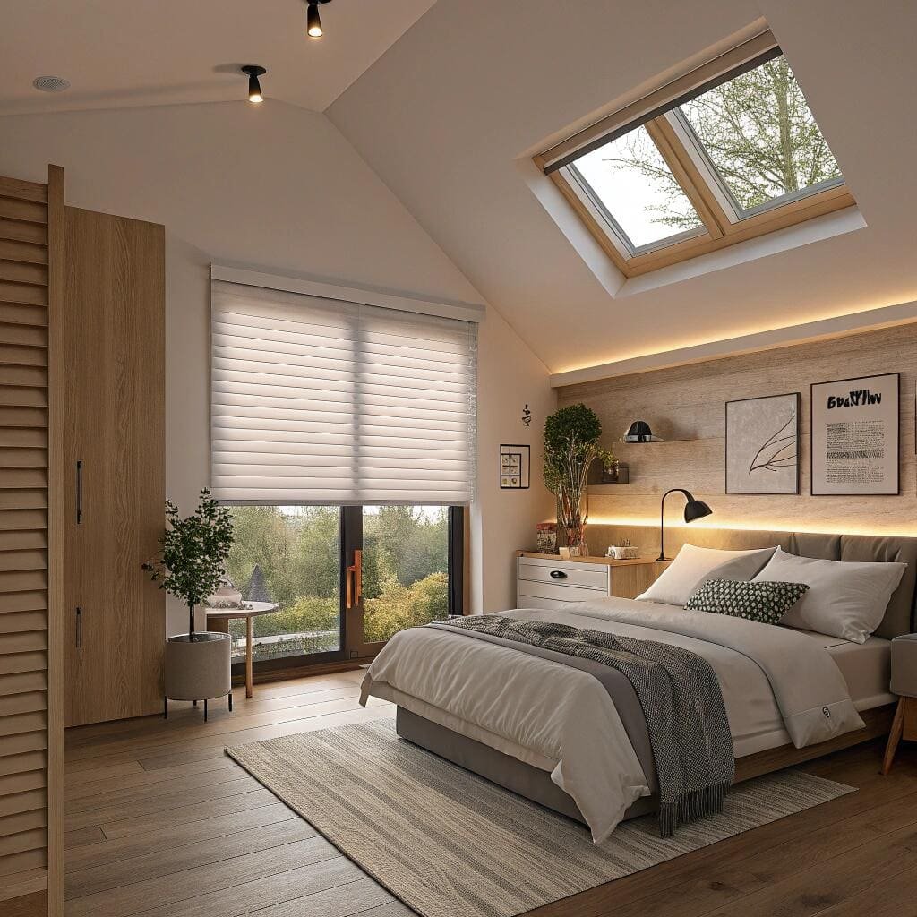 Loft bedroom with light roman shade