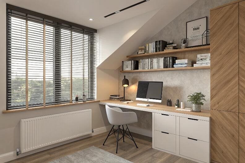 Home office with venetian window blinds