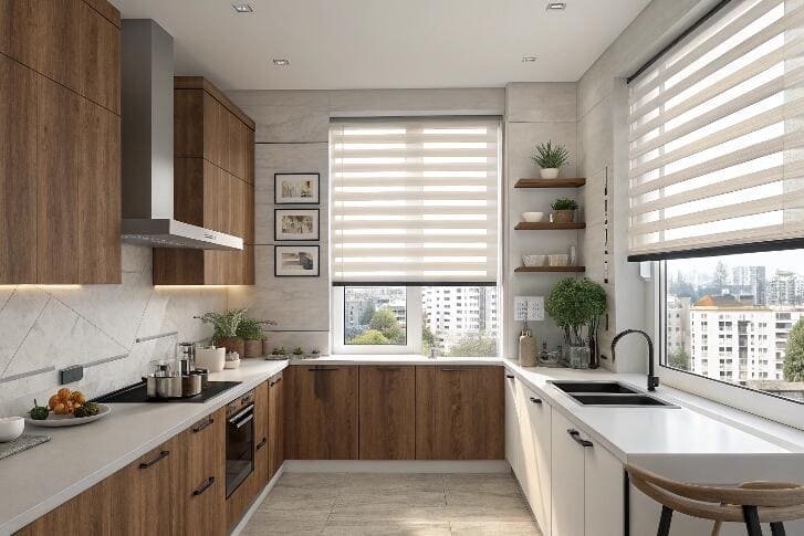 Contemporary kitchen with zebra blinds