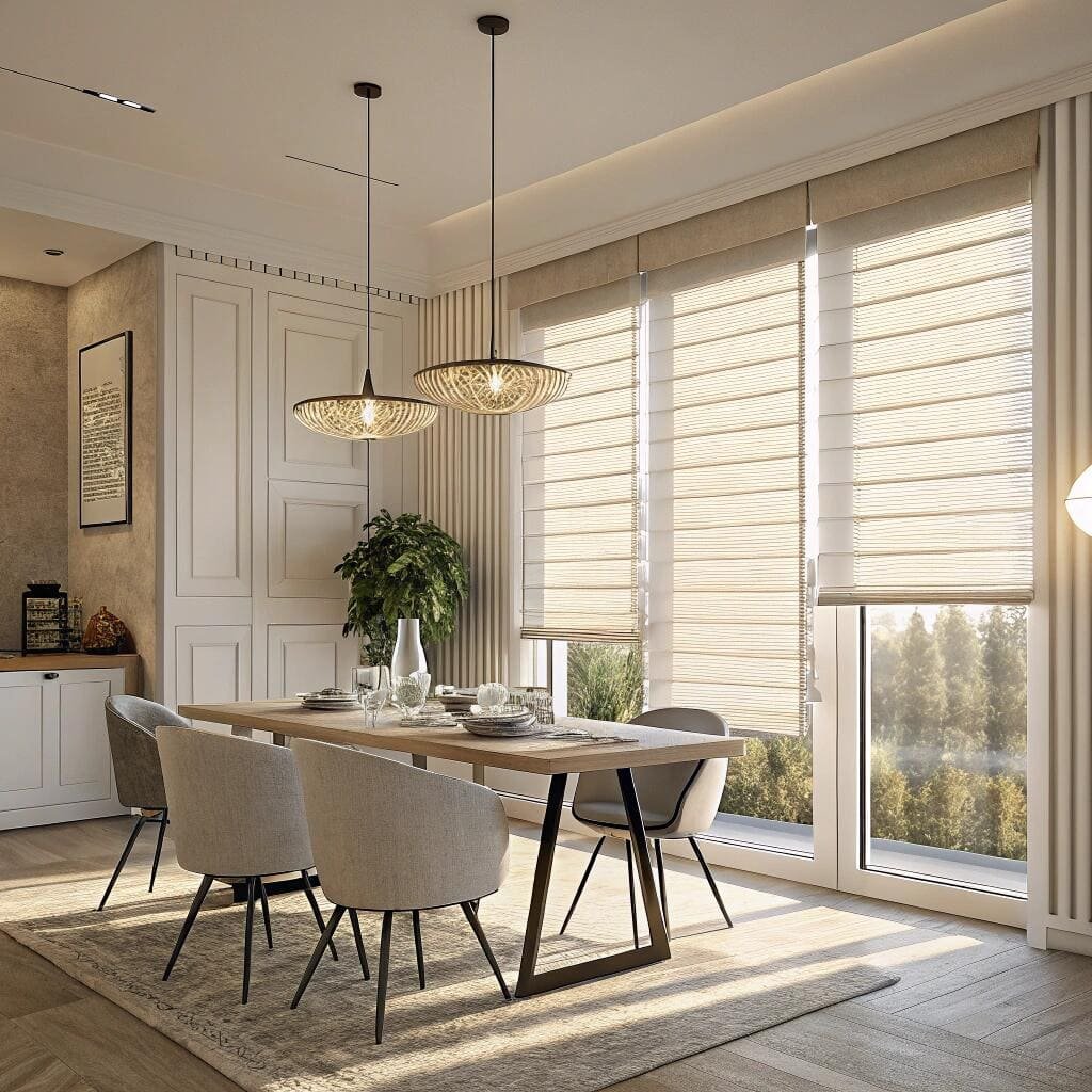 Modern dining area with beige roman shades and wood accents