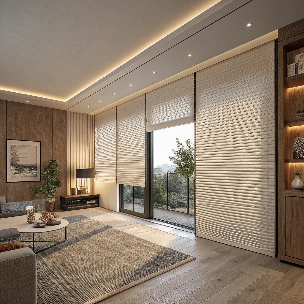 Cozy living room with pleated blinds and wood decor