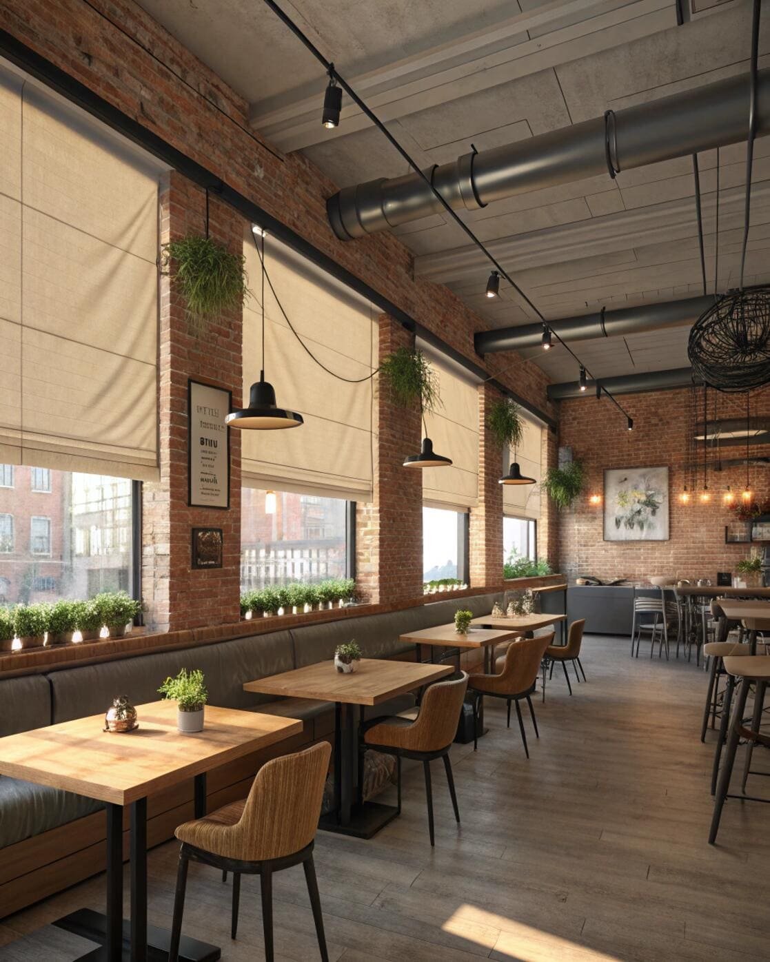 Trendy café with exposed brick walls and soft roller shades