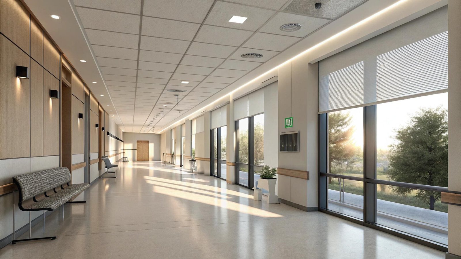 Hospital corridor with light-filtering roller shades