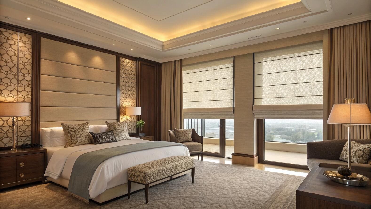 Luxury bedroom with textured roman blinds and drapes